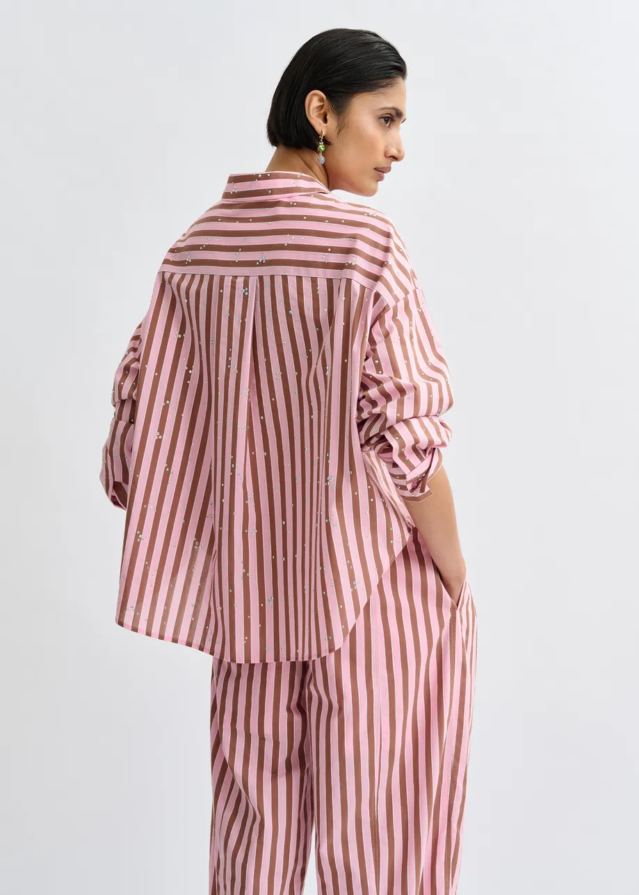 Camicia a righe in misto cotone marrone e rosa con decorazioni in strass