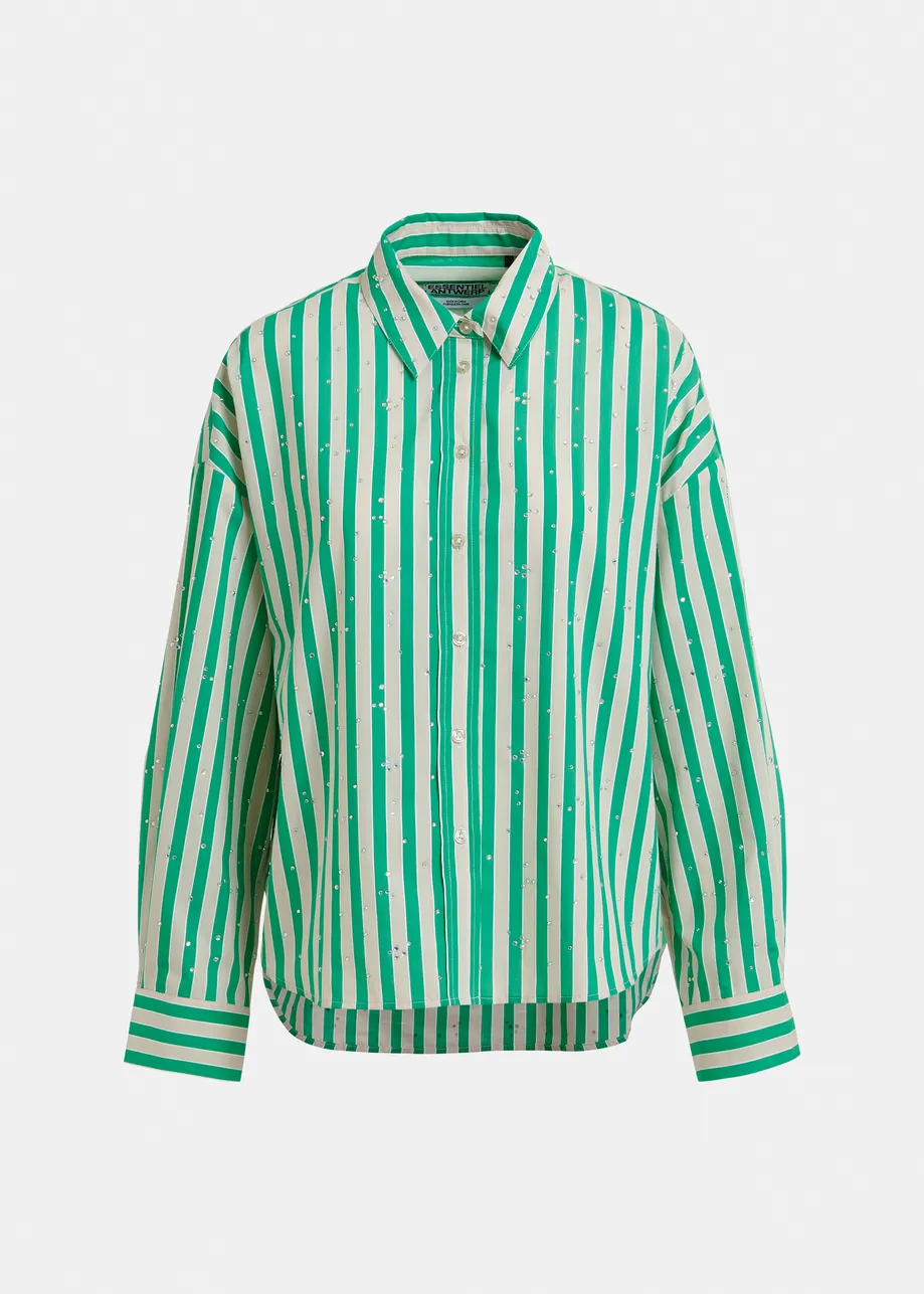Green and cream striped cotton-blend shirt with rhinestone embellishments