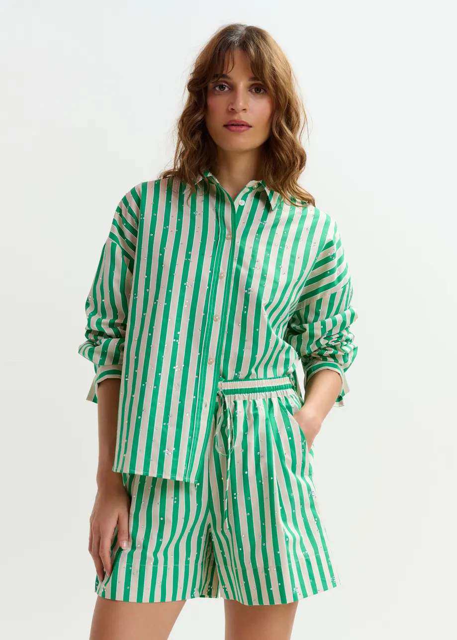 Groen en crèmekleurig gestreept overhemd met stras