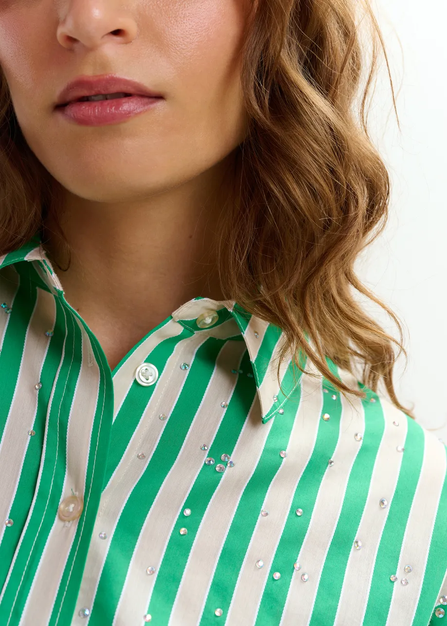 Groen en crèmekleurig gestreept overhemd met stras