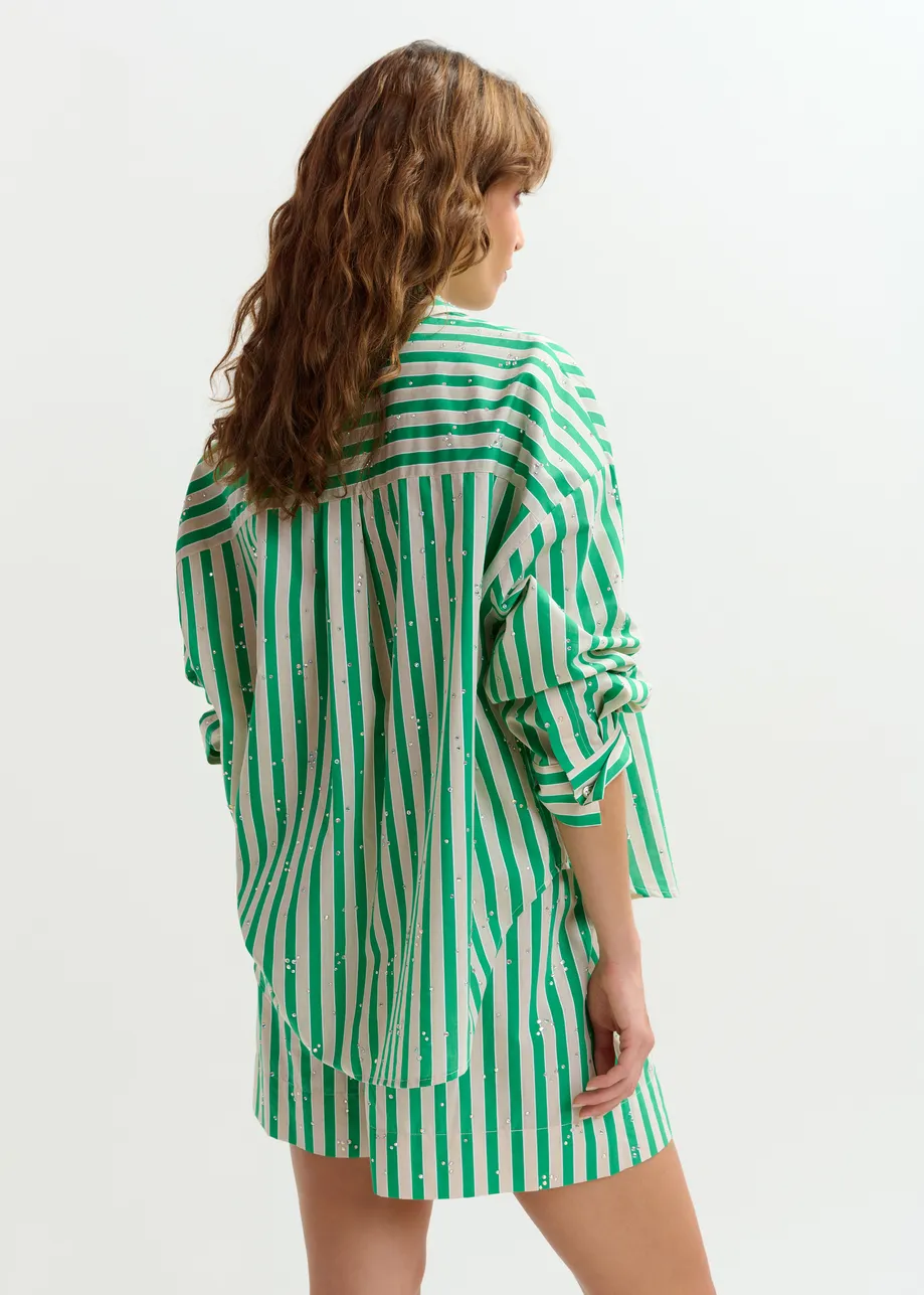 Groen en crèmekleurig gestreept overhemd met stras