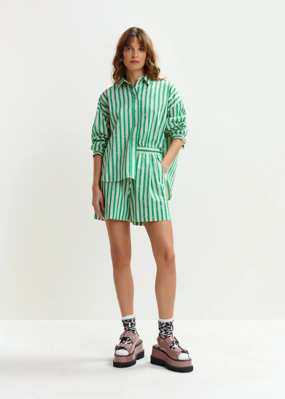 Groen en crèmekleurig gestreept overhemd met stras