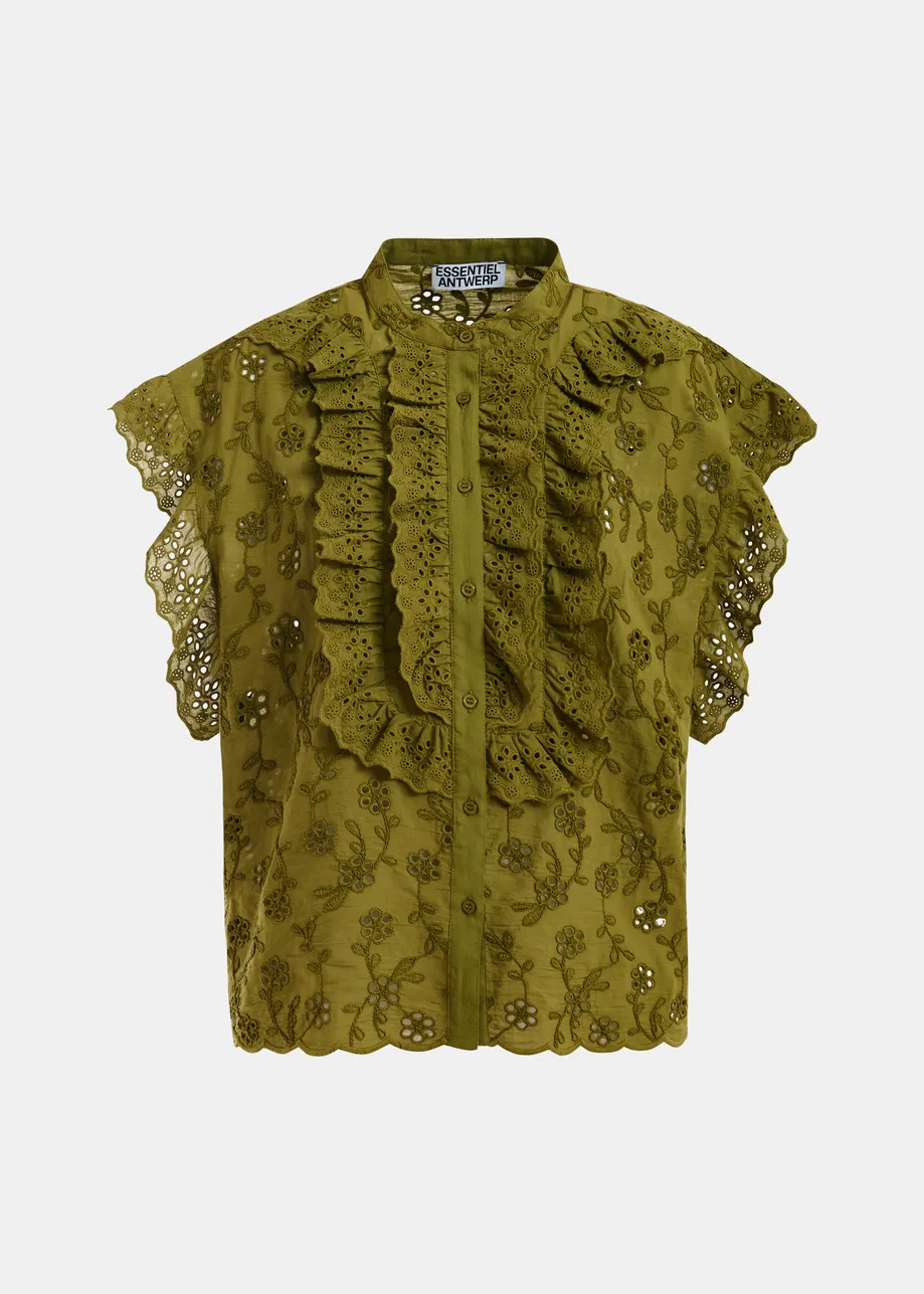 Blusa in cotone ricamato color cachi con bordi arricciati