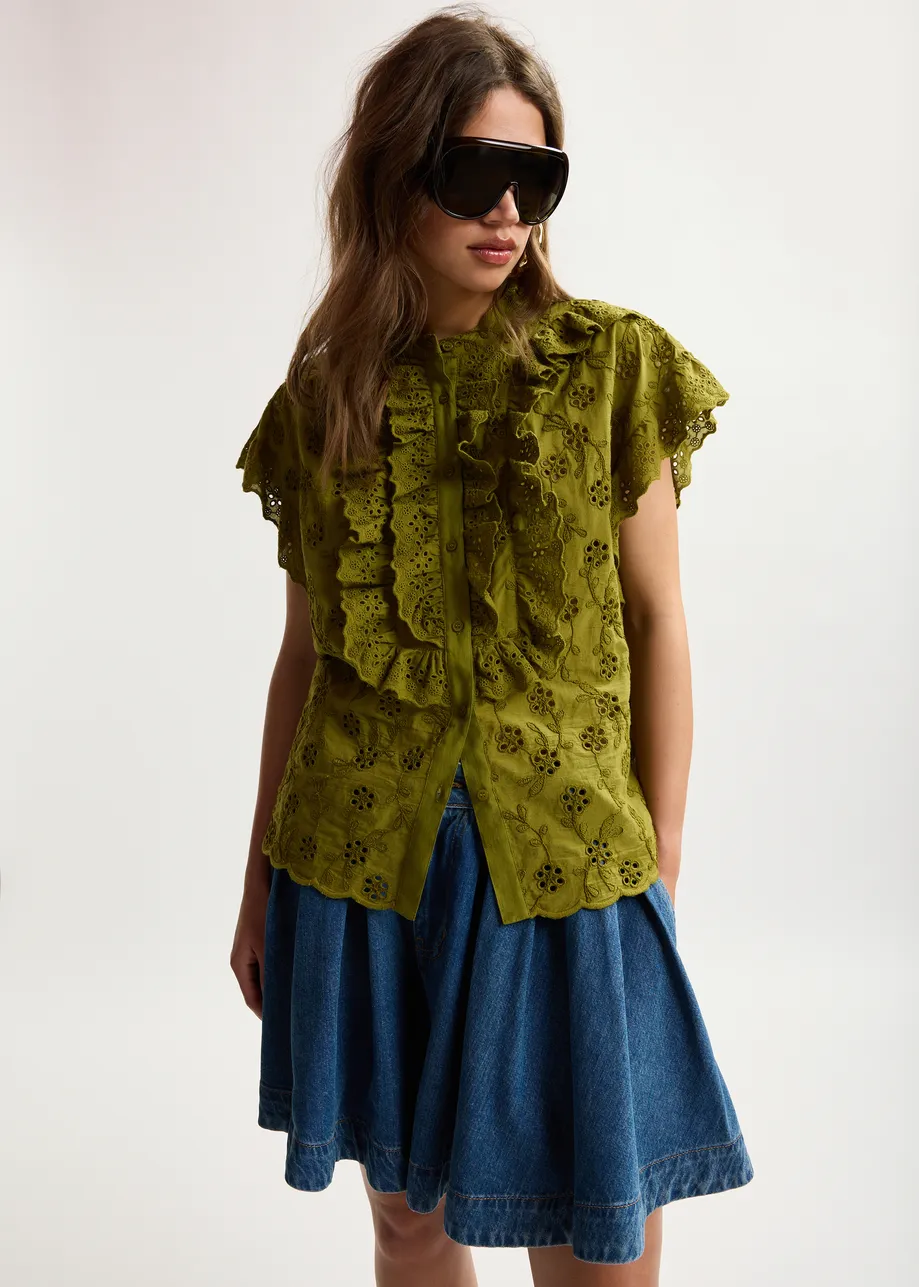 Blusa in cotone ricamato color cachi con bordi arricciati