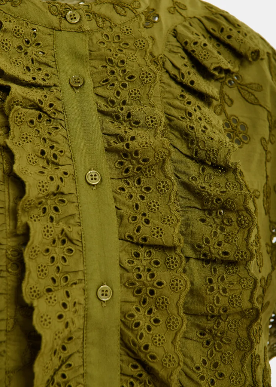 Blusa in cotone ricamato color cachi con bordi arricciati