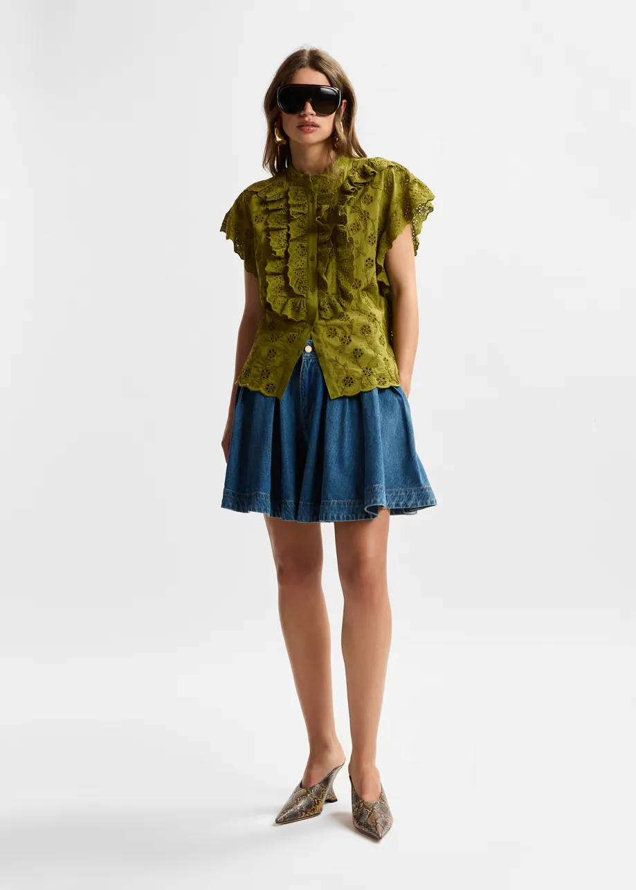 Khaki broderie anglaise cotton blouse with ruffled trims