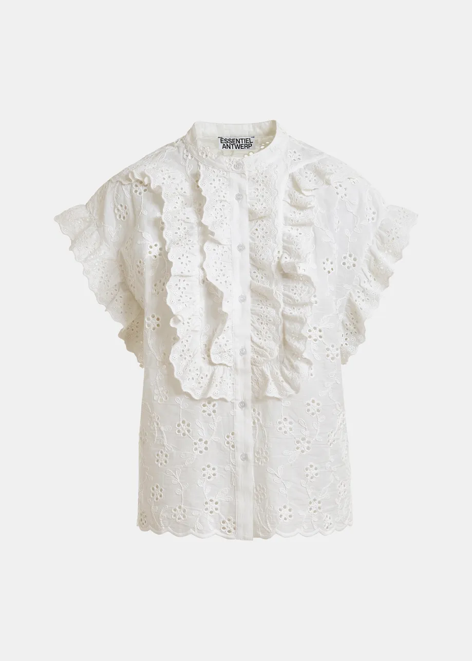 White broderie anglaise cotton blouse with ruffled trims