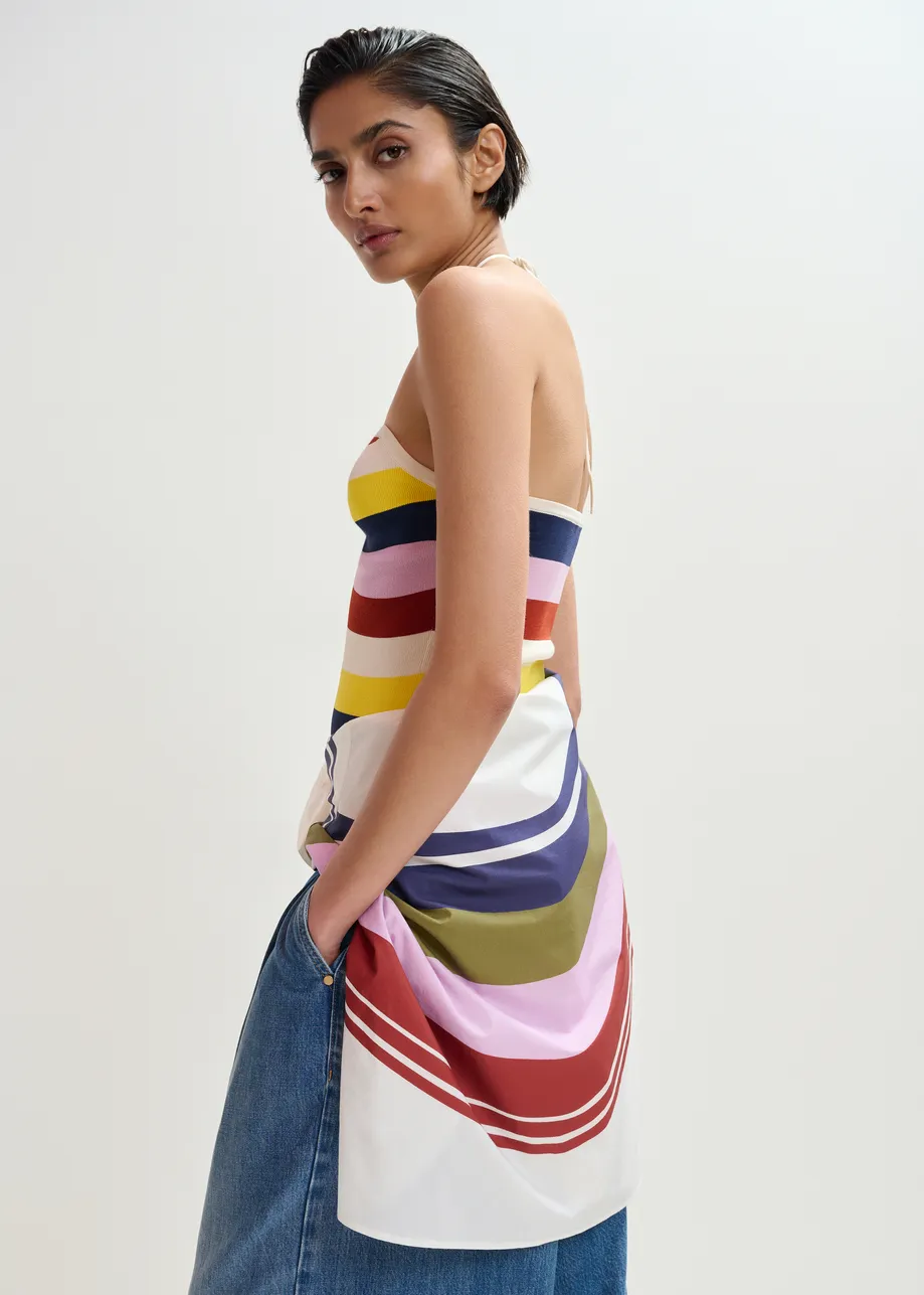 Cremefarbenes und mehrfarbig gestreiftes Neckholder-Strickoberteil