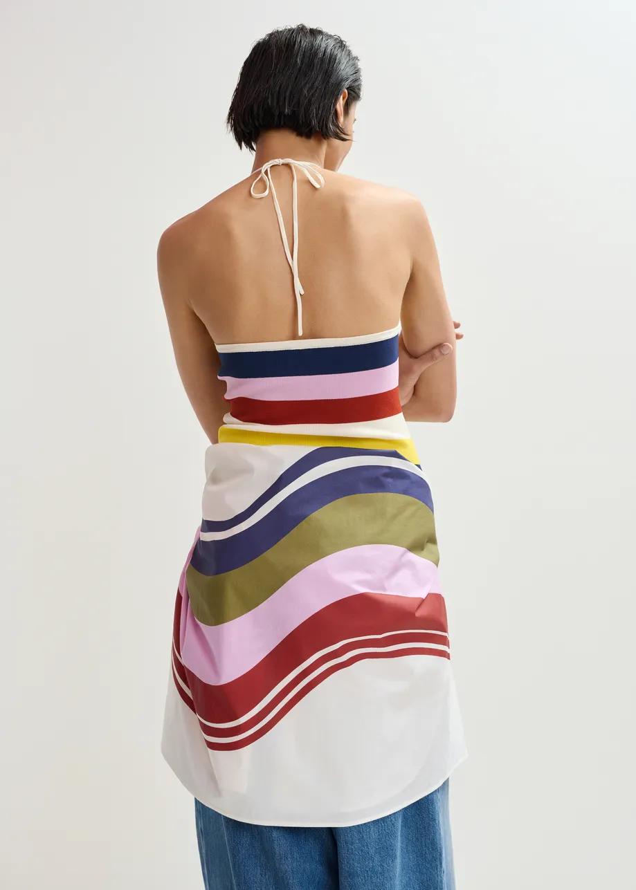 Cremefarbenes und mehrfarbig gestreiftes Neckholder-Strickoberteil