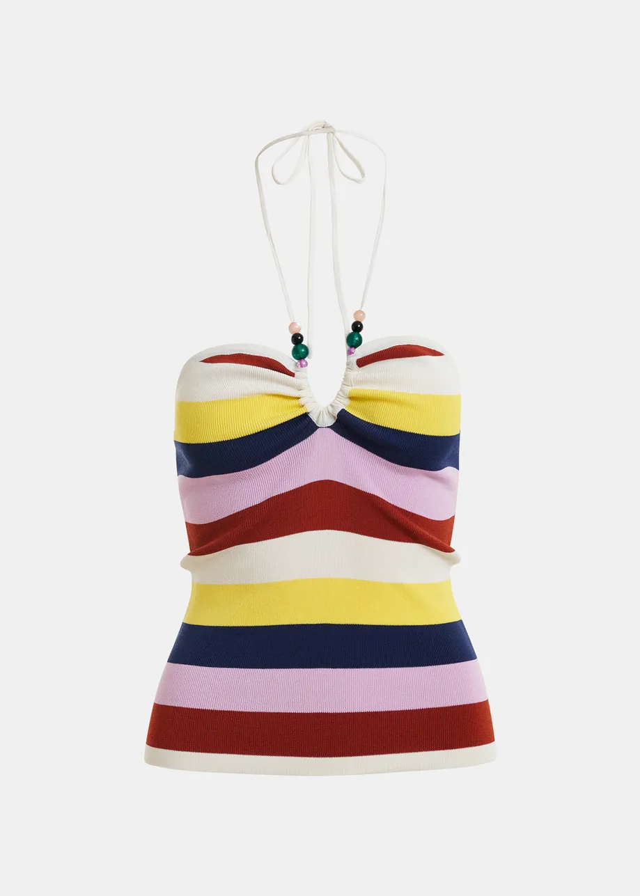 Top in maglia con scollo all'americana a righe multicolor e bianco ottico
