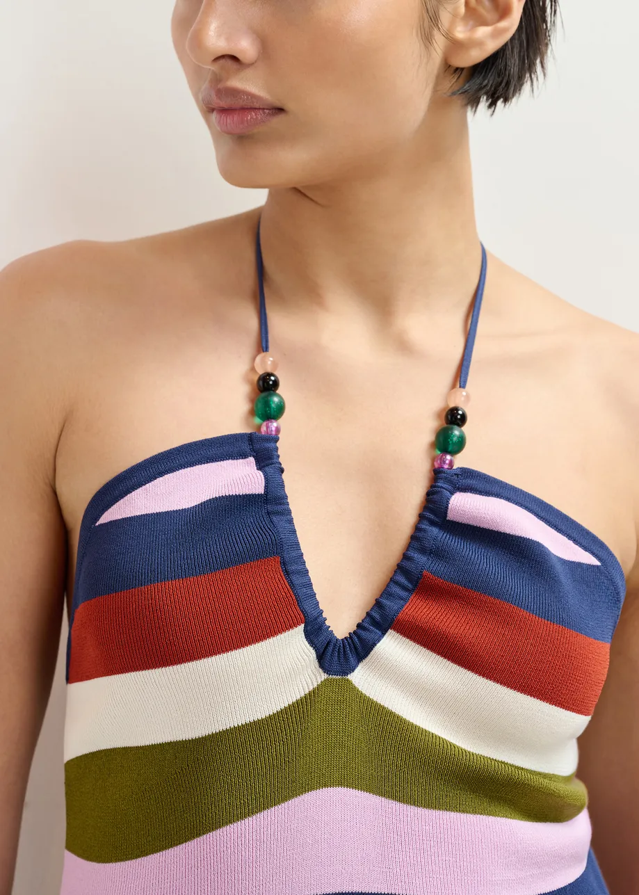 Marineblauw en veelkleurig gestreepte top met halternek