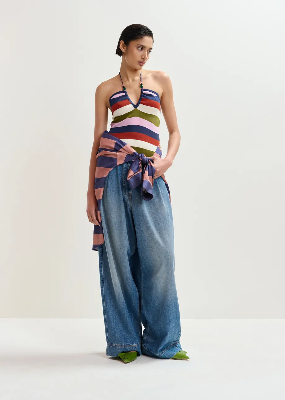 Marineblauw en veelkleurig gestreepte top met halternek