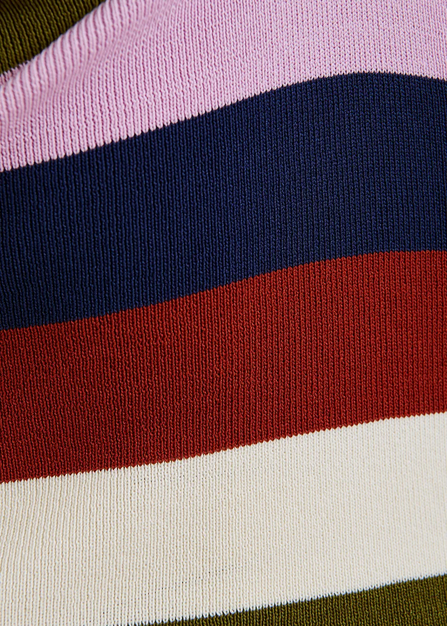 Marineblauw en veelkleurig gestreepte top met halternek