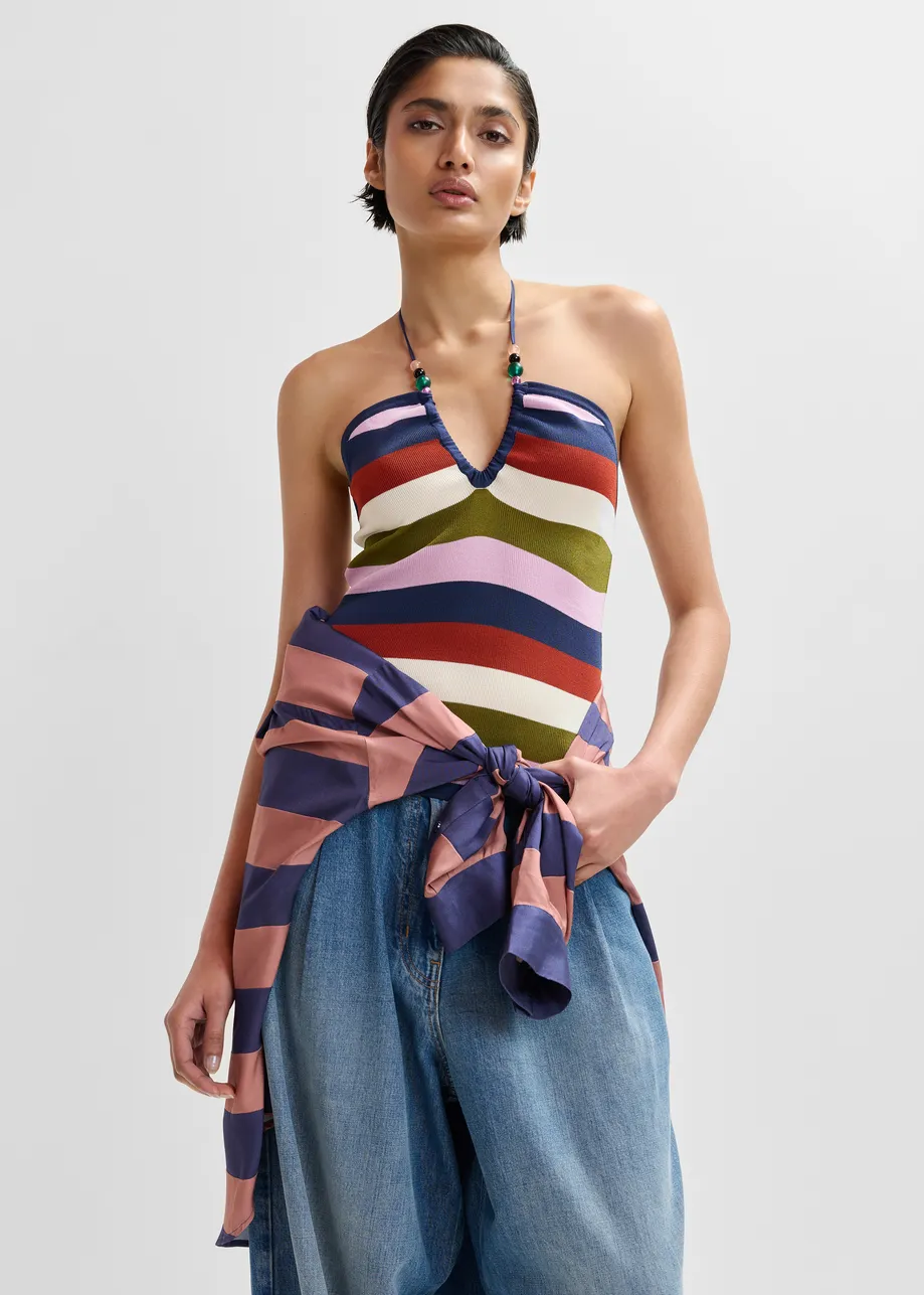 Navy and multicolor striped halterneck knit top