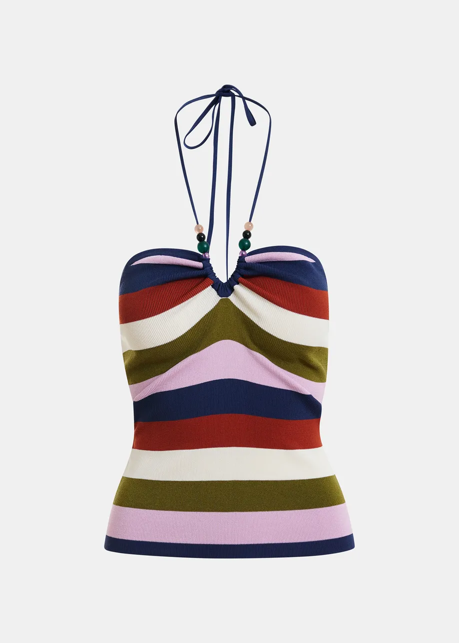 Top in maglia con scollo all'americana a righe blu scuro e multicolor