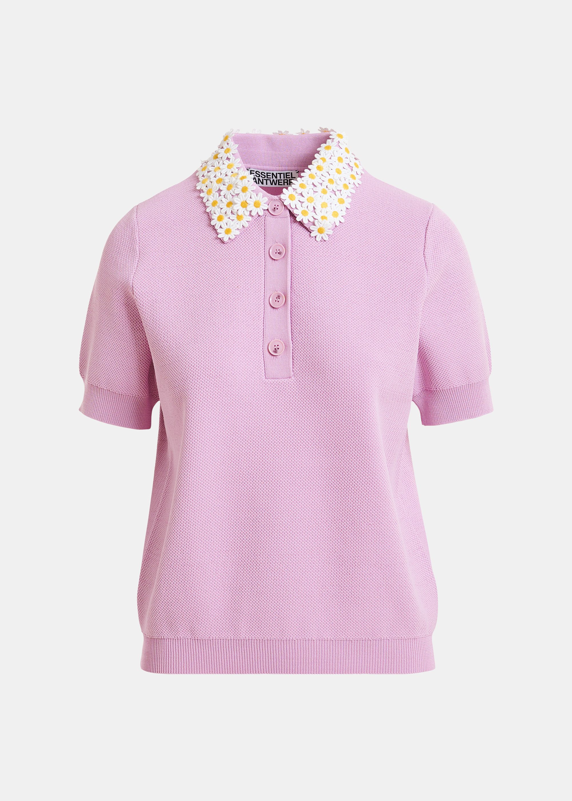 Lilac fine knit polo top with white and yellow floral embellished