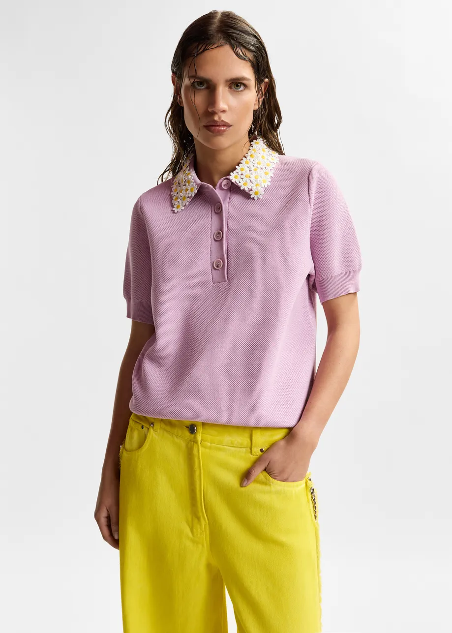 Lilac fine knit polo top with white and yellow floral embellished collar