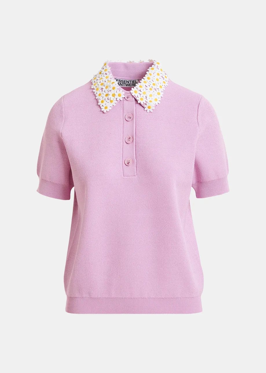 Lilac fine knit polo top with white and yellow floral embellished collar
