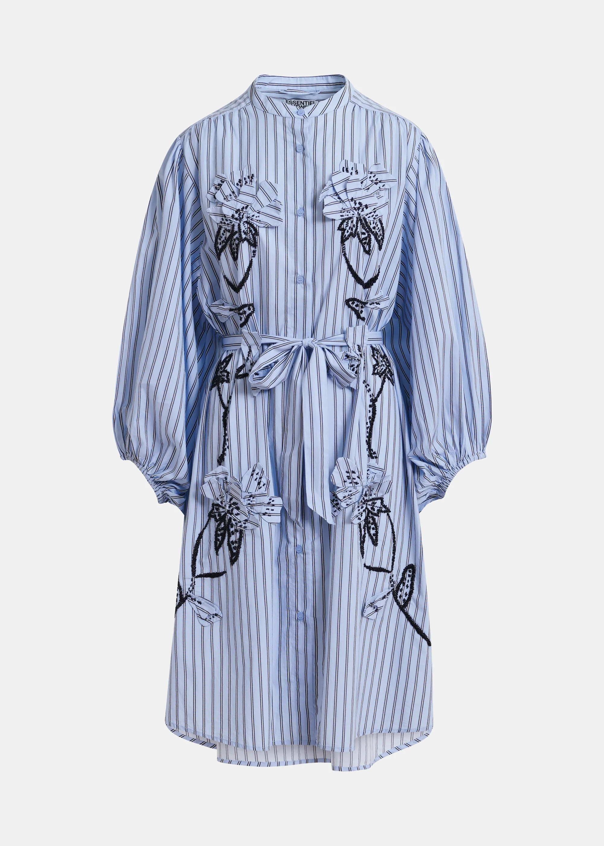 Light blue and black oversized cotton shirt dress with floral appliqu  embroidery and bead embellishments | Essentiel Antwerp United States
