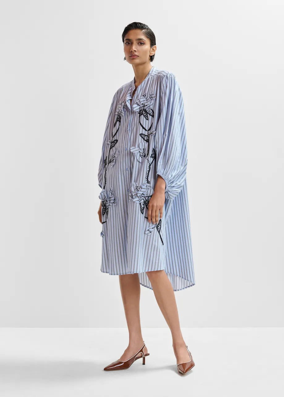Light blue and black oversized cotton shirt dress with floral appliqué embroidery and bead embellishments