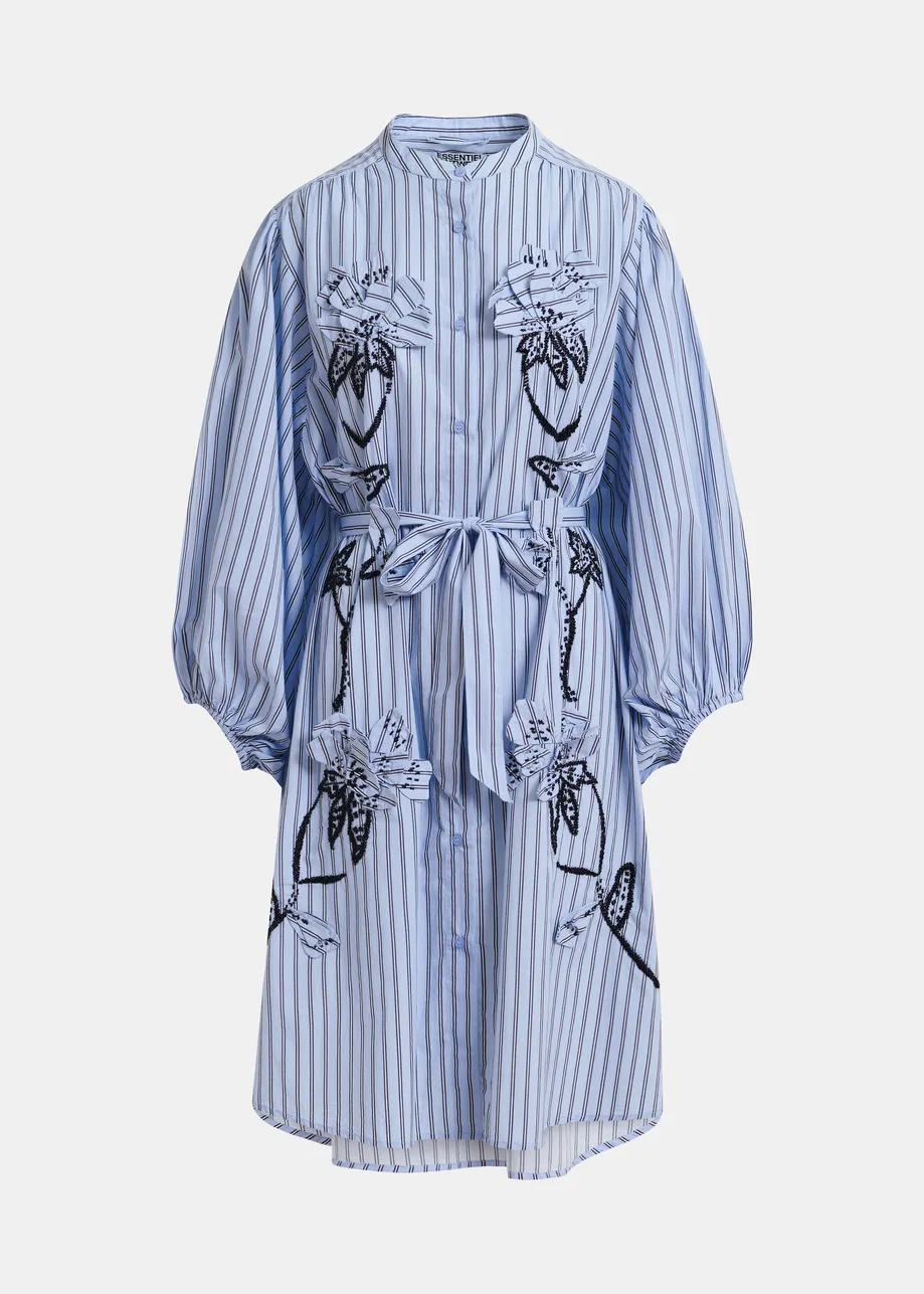 Light blue and black oversized cotton shirt dress with floral appliqué embroidery and bead embellishments