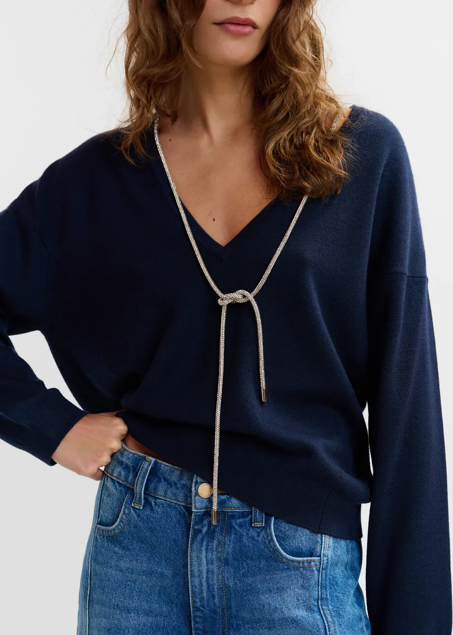 Rückenfreier Pullover in Marineblau mit Strass-Strängen