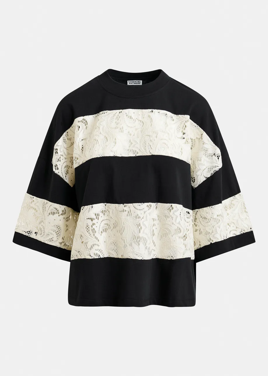 T-shirt en coton bio à rayures et empiècements en dentelle noir et blanc