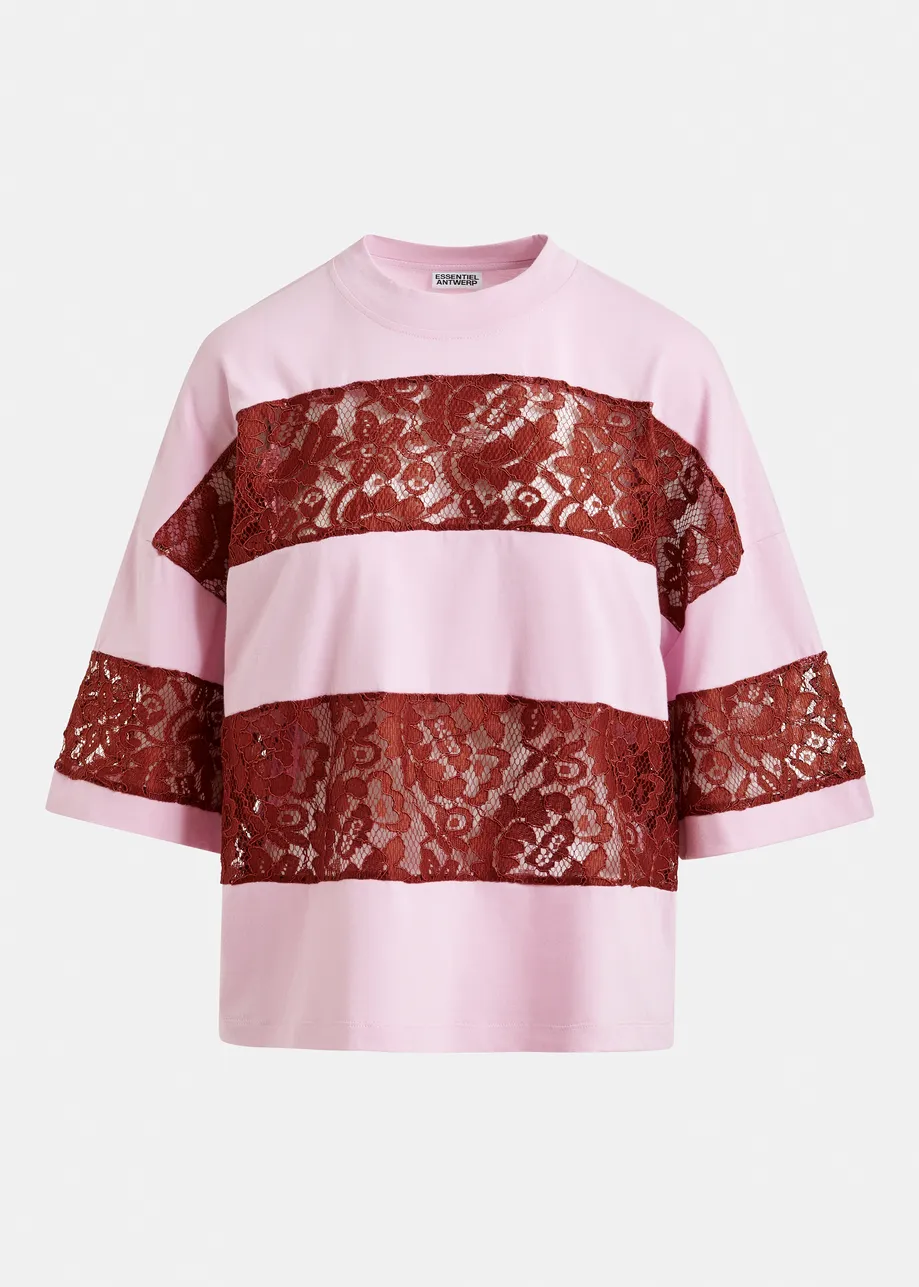 T-shirt en coton bio à rayures et empiècements en dentelle rose clair et bordeaux