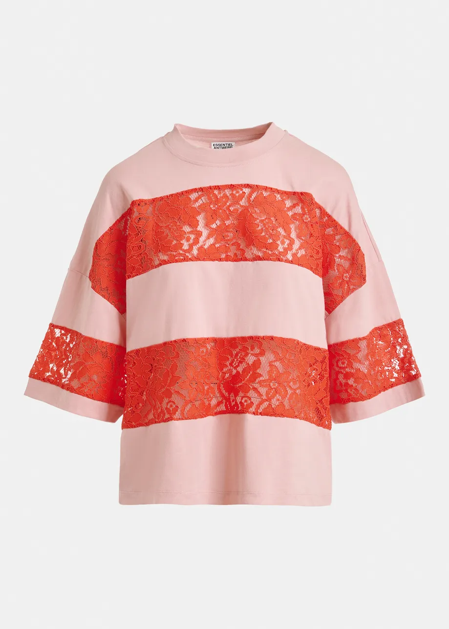 T-shirt en coton bio à rayures et empiècements en dentelle vieux rose et orange