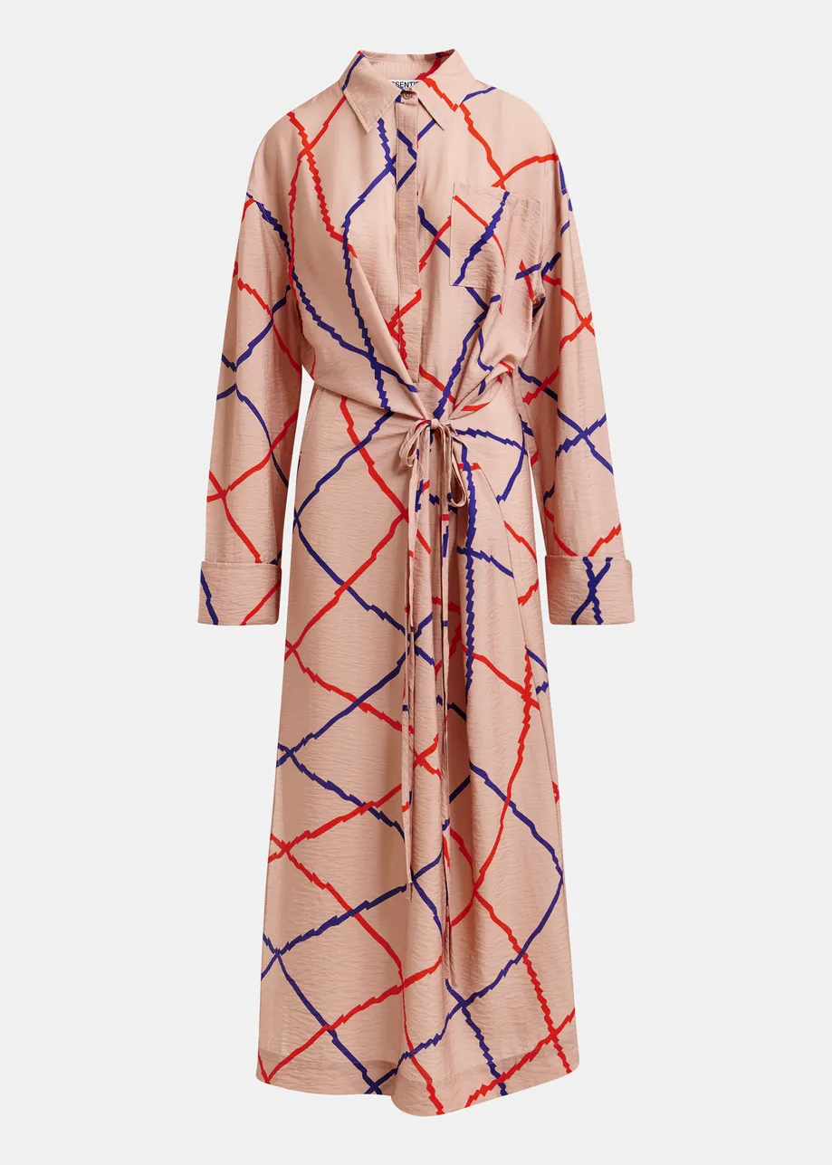 Lichtroze, rode en blauwe maxi-jurk met ruitjes 