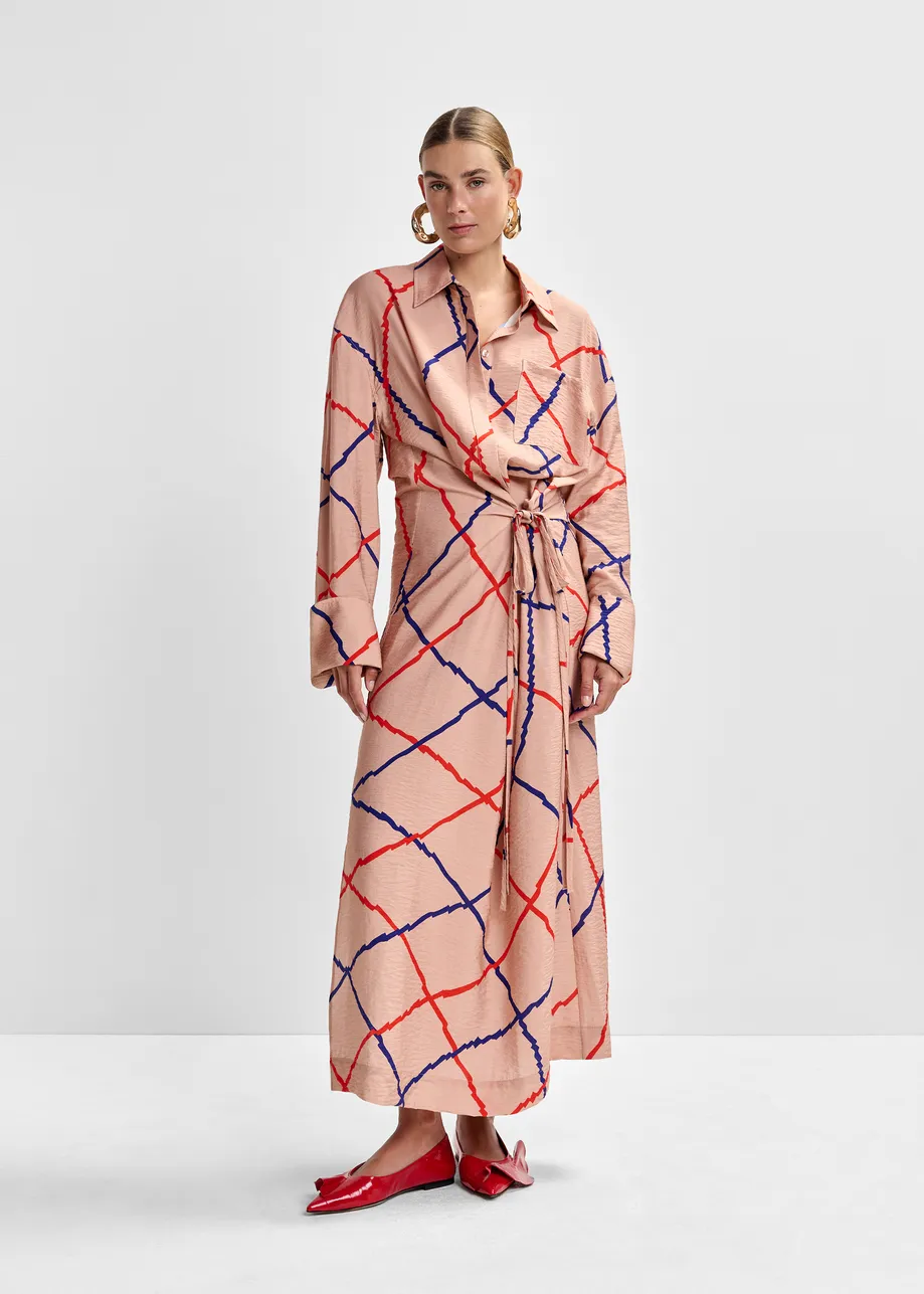 Light pink, red and blue checked oversized maxi dress 