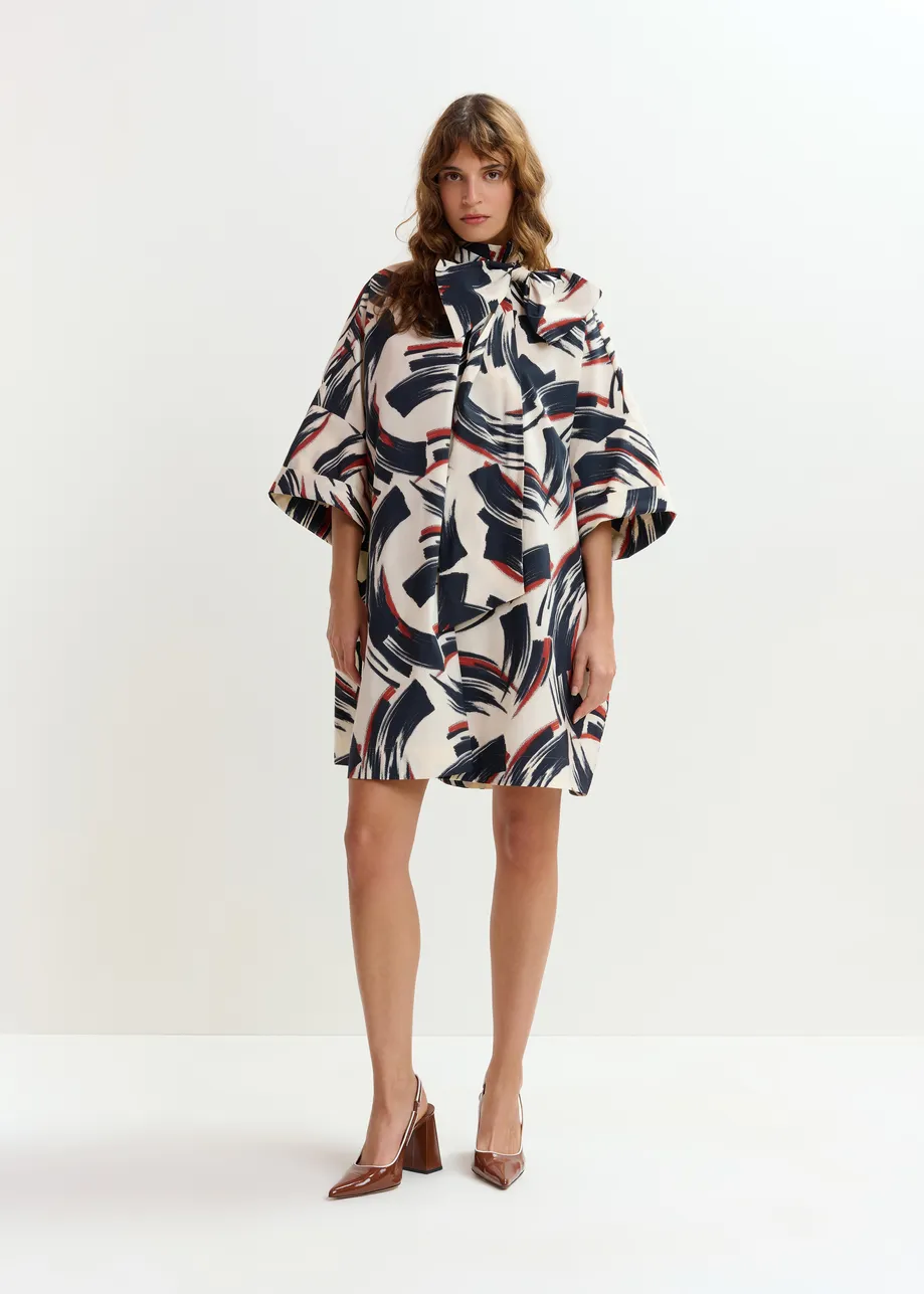 Off-white, black and brown printed mini dress with pussy bow