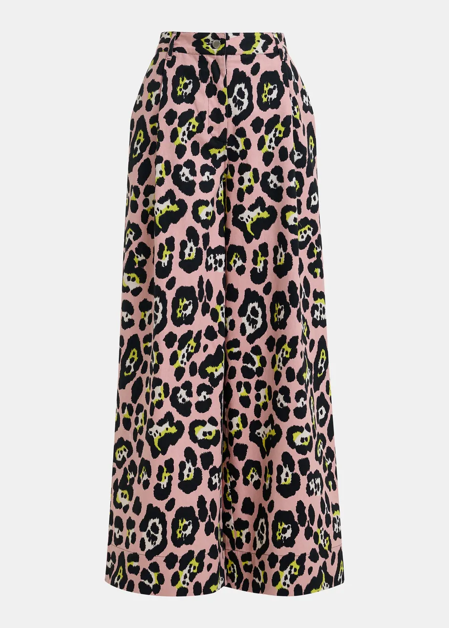 Light pink, black and yellow leopard-print wide-leg pants