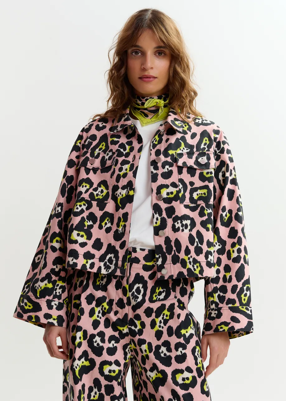 Light pink, black and yellow leopard-print cropped cotton jacket