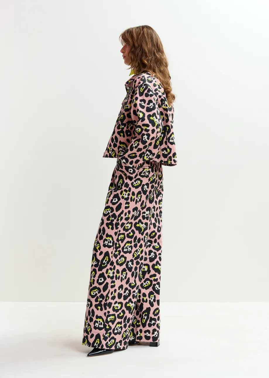 Light pink, black and yellow leopard-print cropped cotton jacket