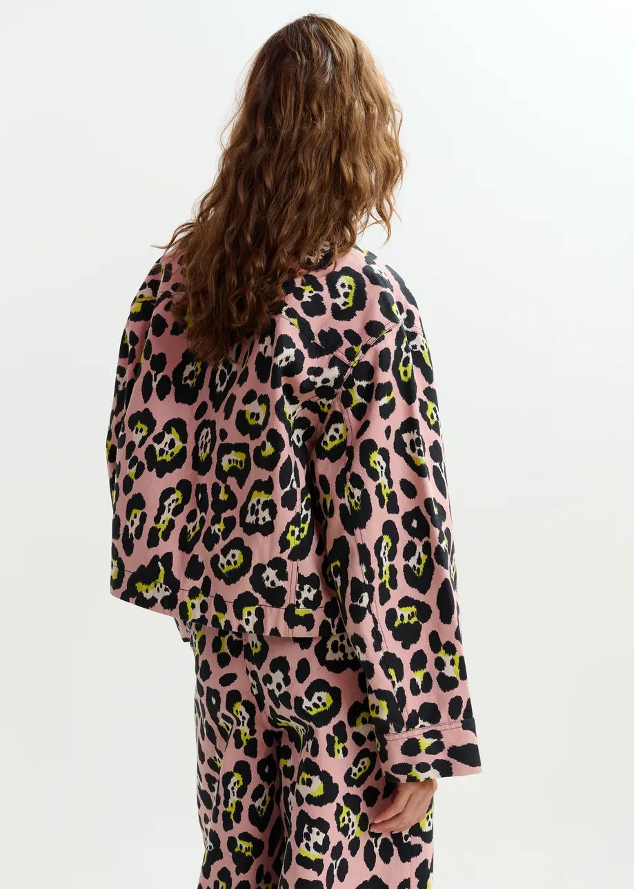 Light pink, black and yellow leopard-print cropped cotton jacket