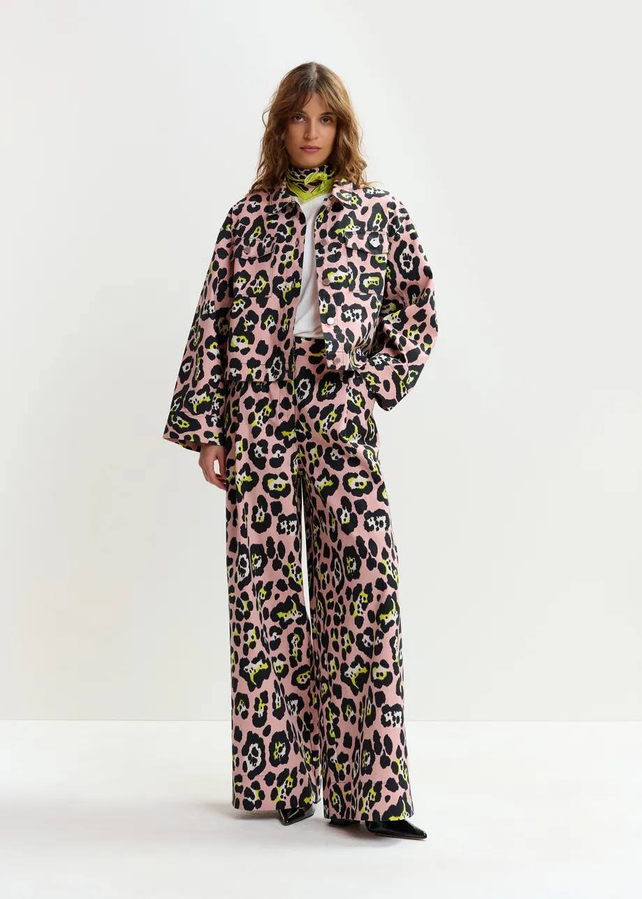 Light pink, black and yellow leopard-print cropped cotton jacket