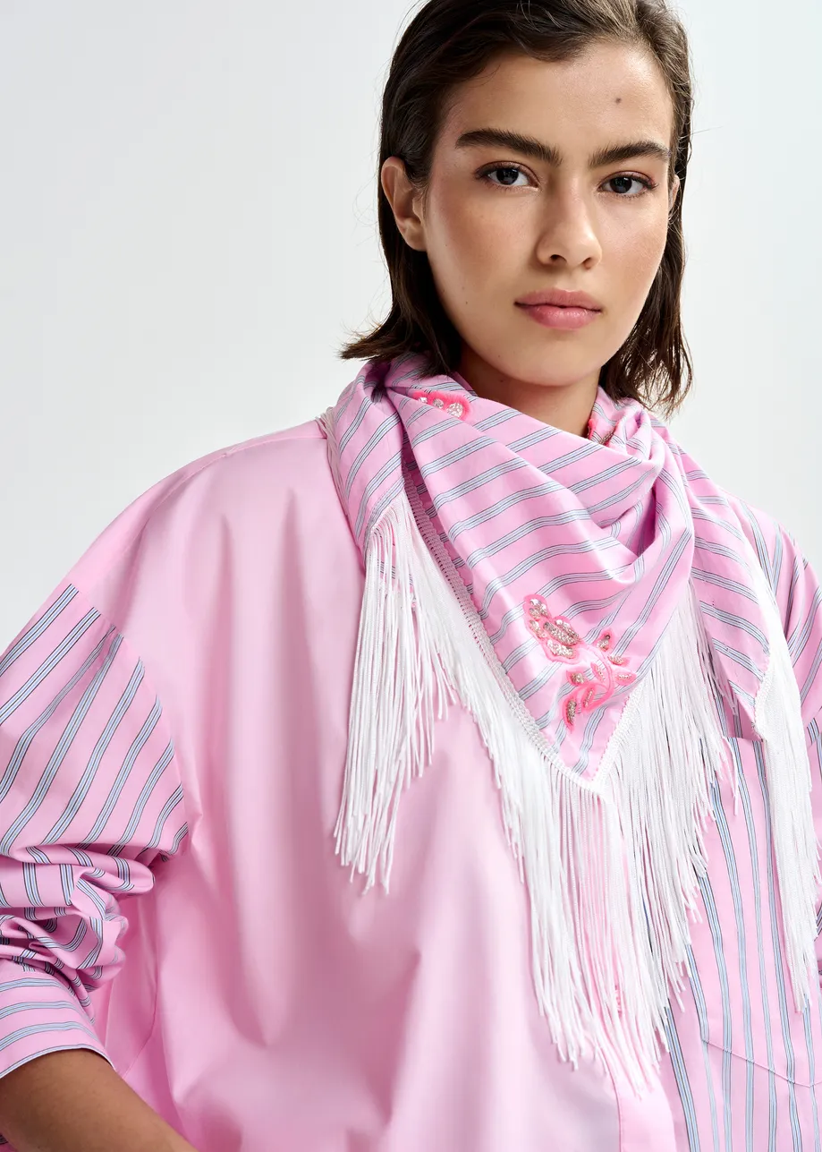 Pink cotton scarf with blue pinstripes and delicate embroidered embellishments