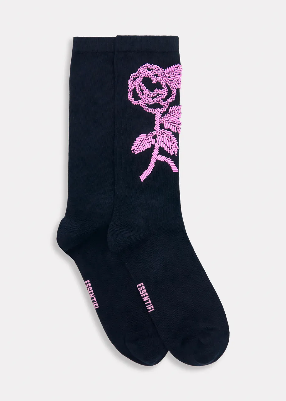 Black and purple beaded flower mid-length socks