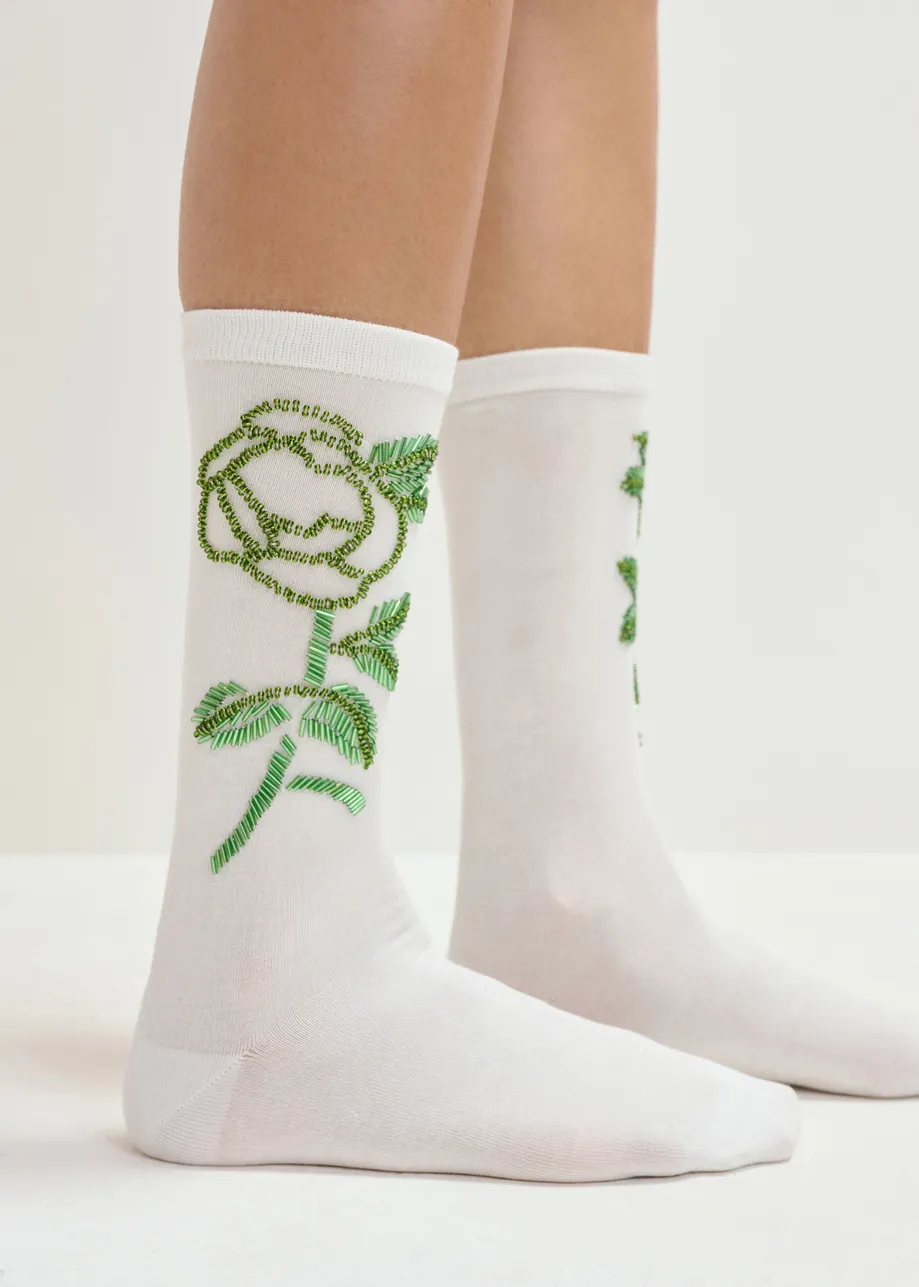 White and green beaded flower mid-length socks