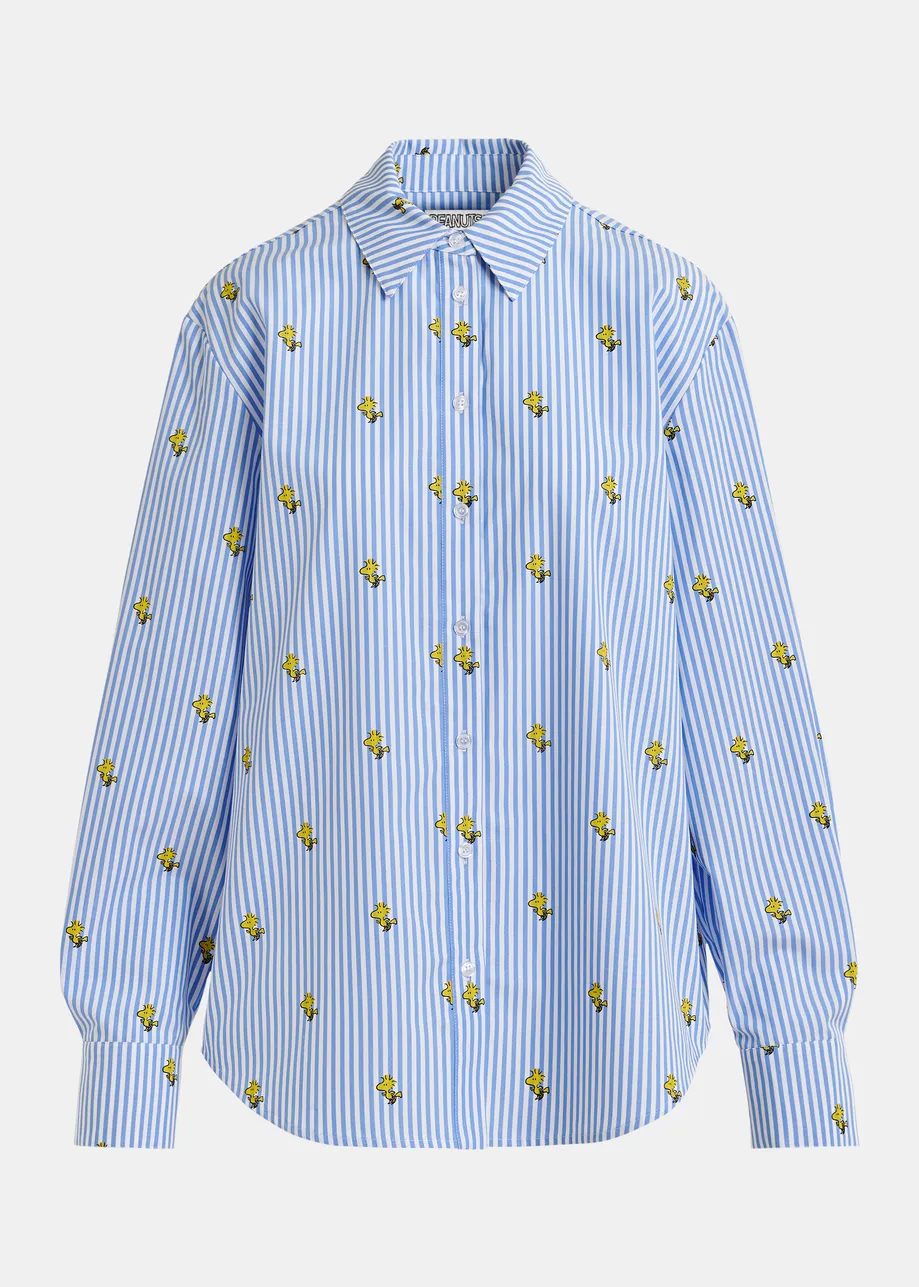 T-shirt en coton surdimensionné à rayures bleu clair et blanc avec imprimé Peanuts™ jaune