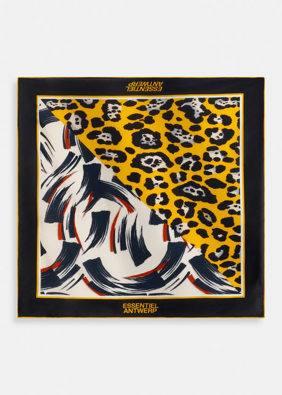 Mulitcolor half leopard-print, half brushstroke printed scarf