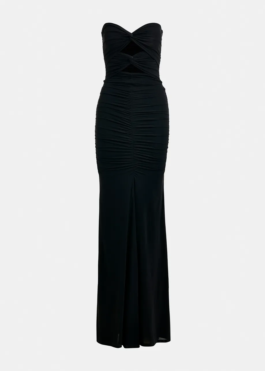 Longue robe bustier noire à ruches sculptées et découpe subtile