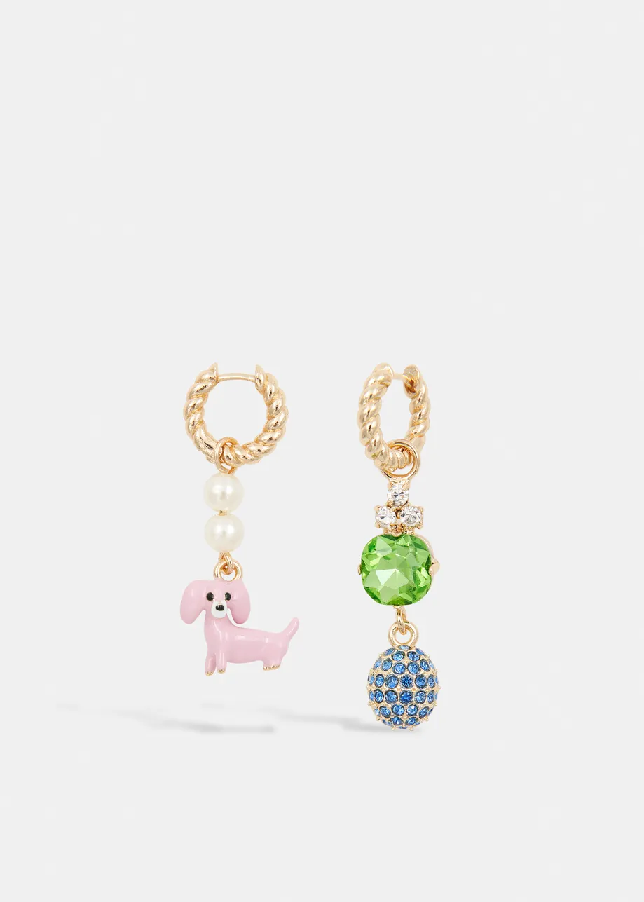 Gold earrings with pink dachshund and green and blue rhinestones