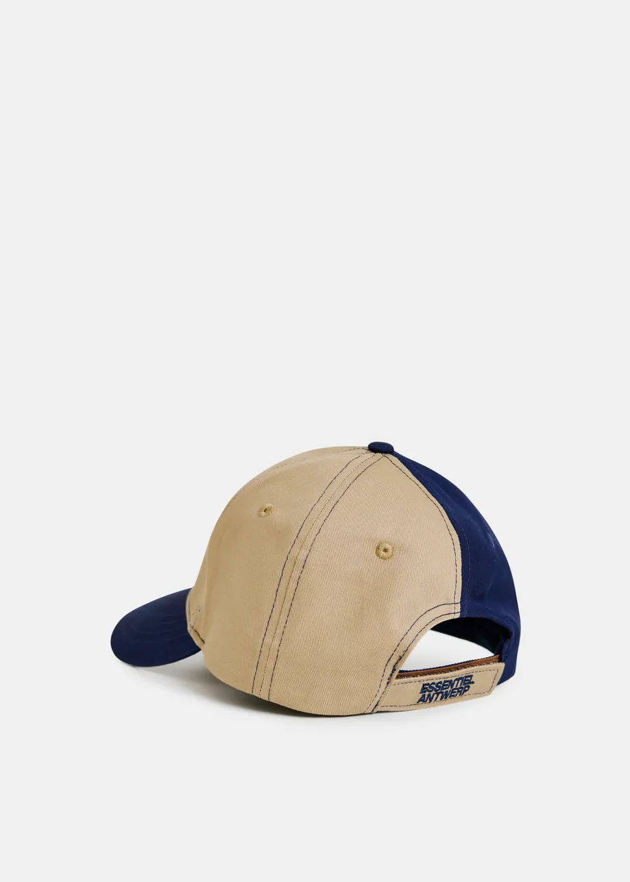 Brown and navy two-tone cotton cap with pink and orange patch