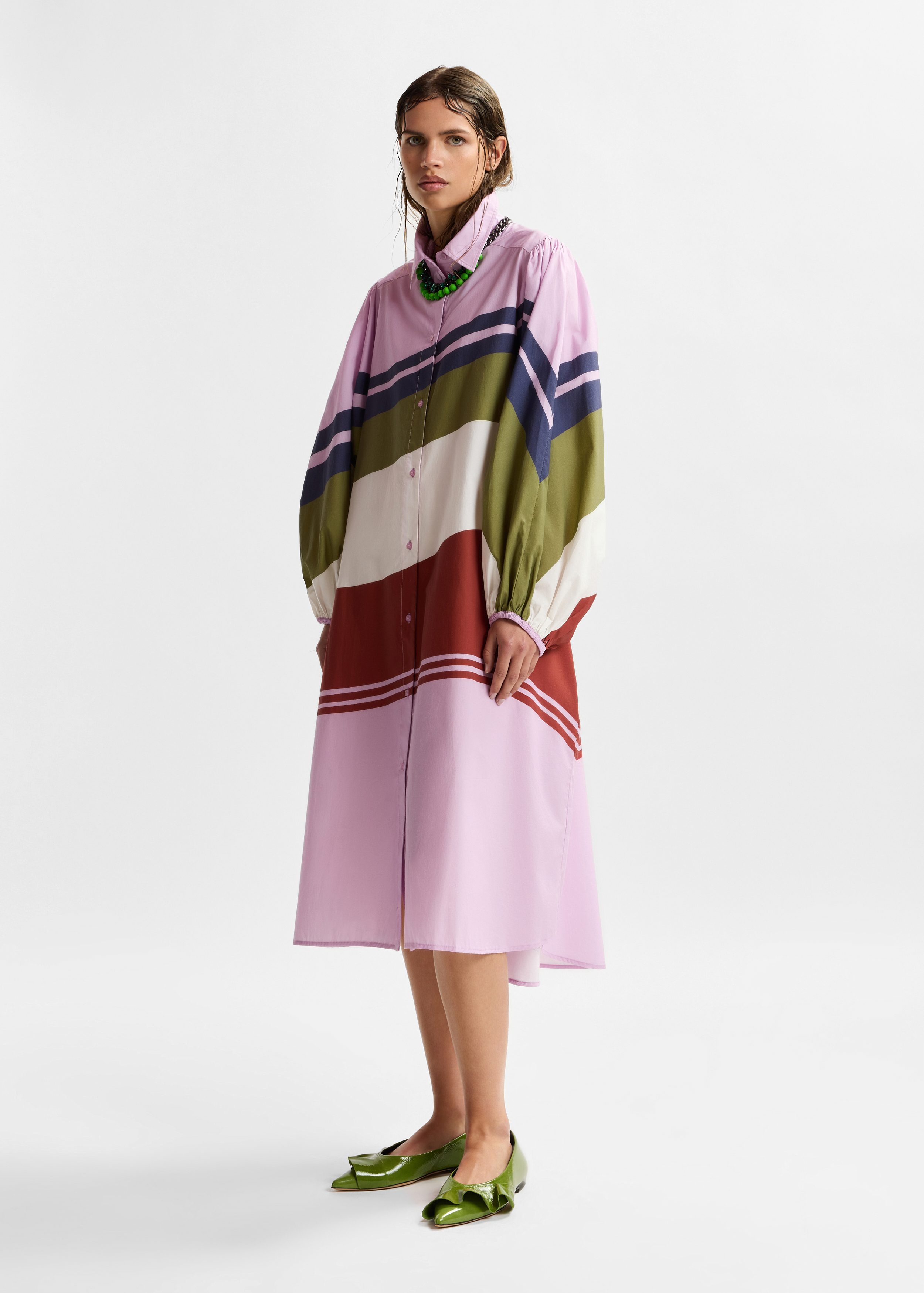 Lilac and multicolor oversized cotton shirt dress with placed