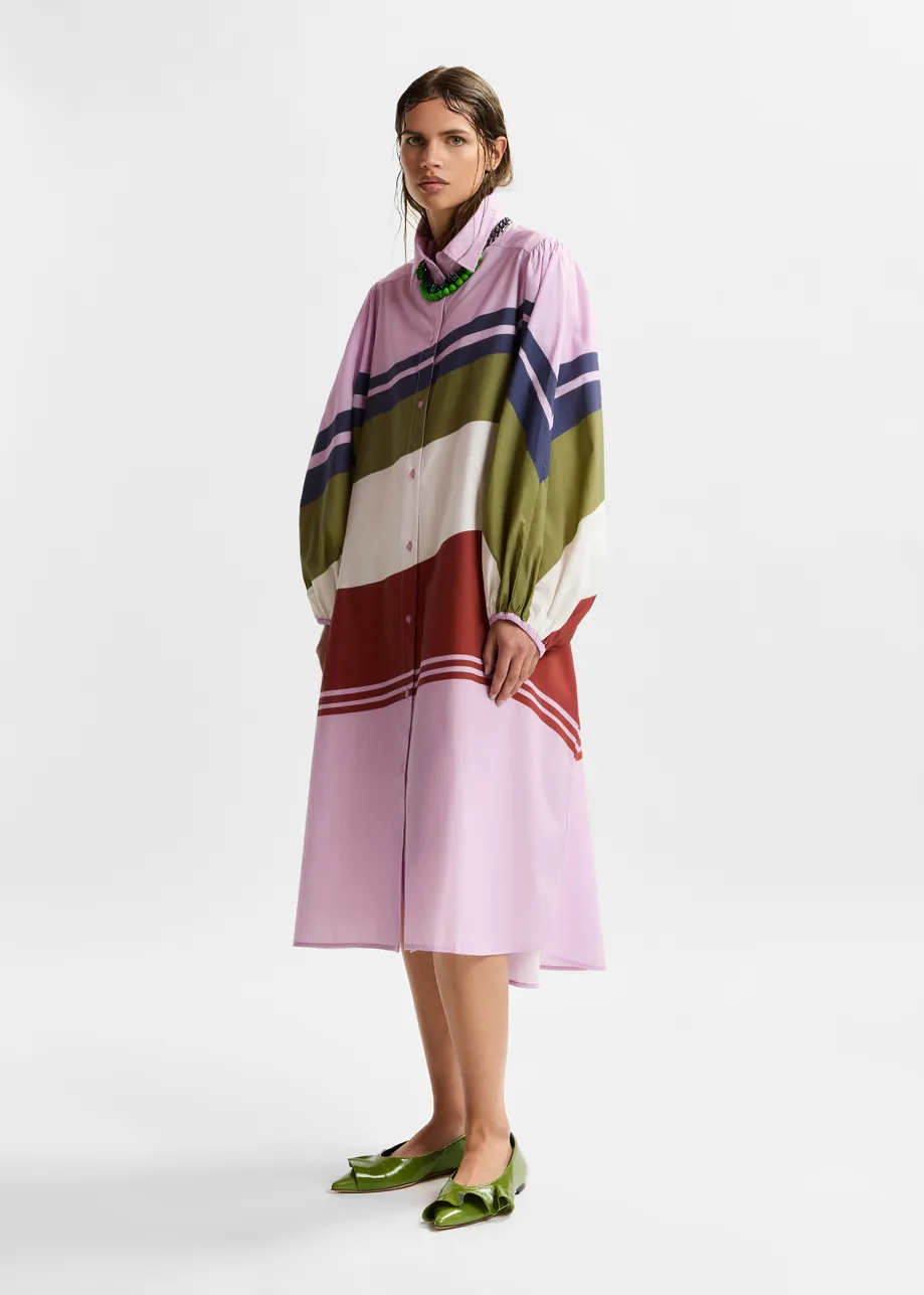 Lilac and multicolor oversized cotton shirt dress with placed stripe print
