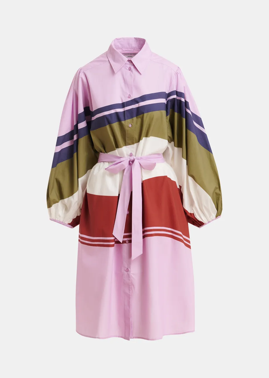 Lilac and multicolor oversized cotton shirt dress with placed stripe print