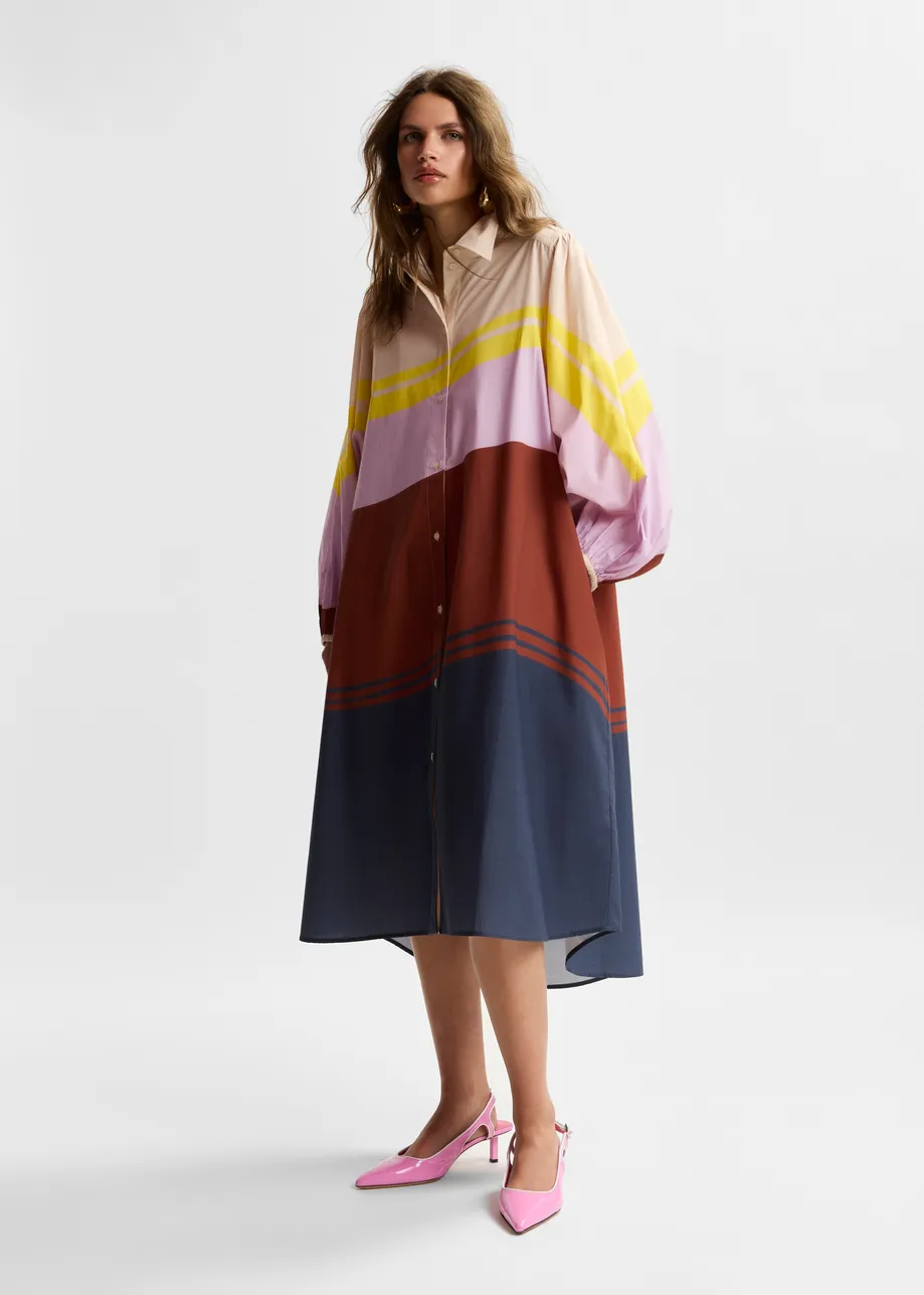 Cream and multicolor oversized cotton shirt dress with placed stripe print