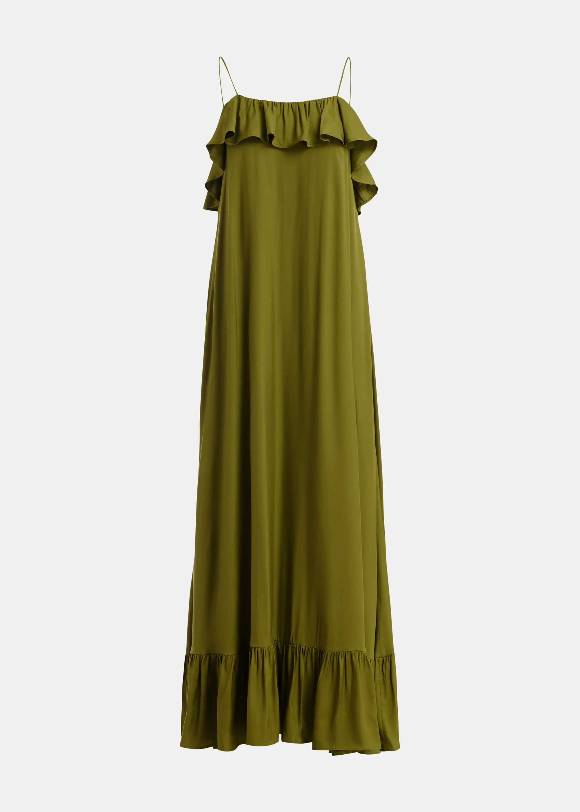 Green maxi dress with ruffled neckline and tie-back detail Green maxi dress with ruffled neckline and tie-back detail
